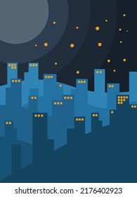 illustration of a night city with silhouettes of buildings and sky.