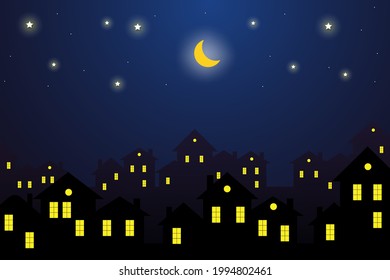 illustration of a night city. Night sky with moon with house silhouettes. Silhouette of the city and night sky with stars and moon. Vector EPS 10.