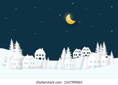 illustration of a night city. Night sky with moon with house silhouettes. Silhouette of the city and night sky with stars and moon. Vector EPS 10.