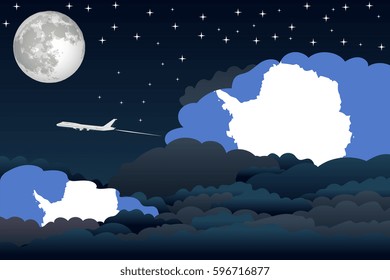 Illustration of Night Clouds, Night Clouds with Antarctica Flags, Aeroplane Flying