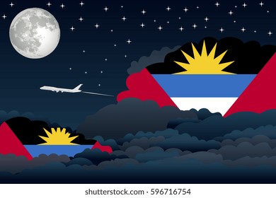 Illustration of Night Clouds, Night Clouds with Antigua and Barbuda Flags, Aeroplane Flying