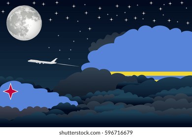 Illustration of Night Clouds, Night Clouds with Aruba Flags, Aeroplane Flying