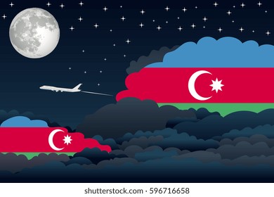 Illustration of Night Clouds, Night Clouds with Azerbaijan Flags, Aeroplane Flying