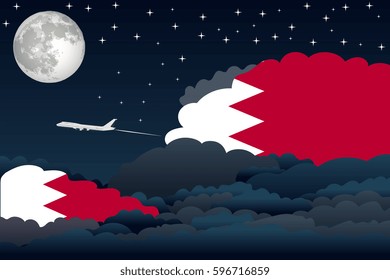 Illustration of Night Clouds, Night Clouds with Bahrain Flags, Aeroplane Flying