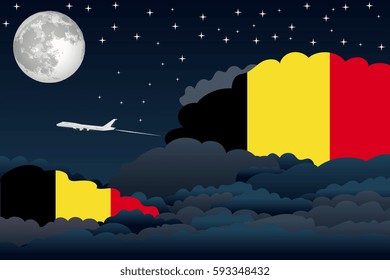 Illustration of Night Clouds, Night Clouds with Belgium Flags, Aeroplane Flying