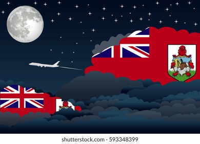 Illustration of Night Clouds, Night Clouds with Bermuda Flags, Aeroplane Flying