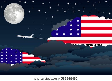 Illustration of Night Clouds, Night Clouds with Bikini Atoll Flags, Aeroplane Flying
