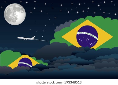 Illustration of Night Clouds, Night Clouds with Brazil Flags, Aeroplane Flying