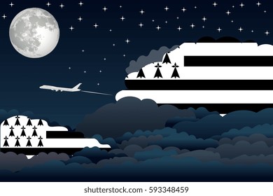 Illustration of Night Clouds, Night Clouds with Brittany Flags, Aeroplane Flying