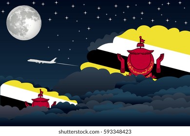 Illustration of Night Clouds, Night Clouds with Brunei Flags, Aeroplane Flying