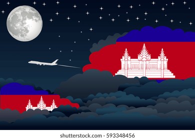 Illustration of Night Clouds, Night Clouds with Cambodia Flags, Aeroplane Flying