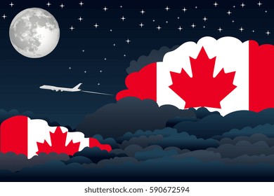 Illustration of Night Clouds, Night Clouds with Canada Flags, Aeroplane Flying
