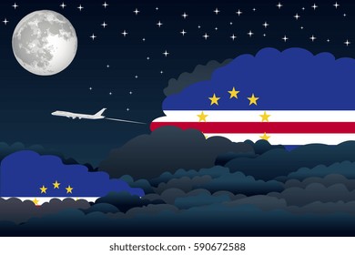 Illustration of Night Clouds, Night Clouds with Cape Verde Flags, Aeroplane Flying