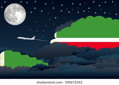 Illustration of Night Clouds, Night Clouds with Chechen Republic Flags, Aeroplane Flying