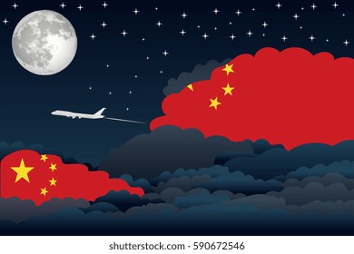 Illustration of Night Clouds, Night Clouds with China Flags, Aeroplane Flying