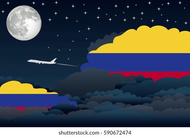 Illustration of Night Clouds, Night Clouds with Colombia Flags, Aeroplane Flying