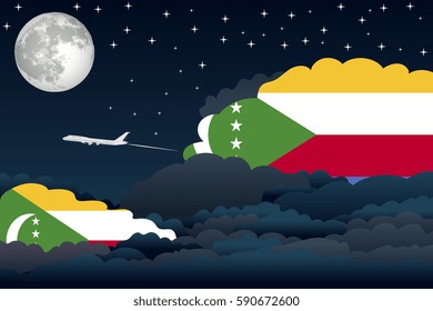 Illustration of Night Clouds, Night Clouds with Comoros Flags, Aeroplane Flying
