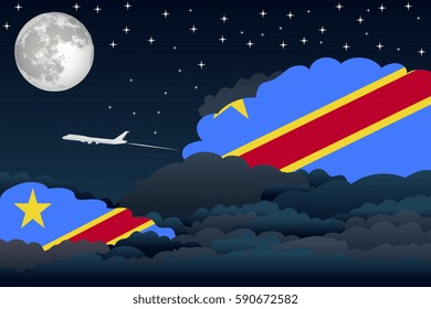 Illustration of Night Clouds, Night Clouds with Congo, Democratic Republic of the Flags, Aeroplane Flying