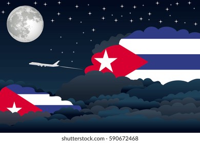 Illustration of Night Clouds, Night Clouds with Cuba Flags, Aeroplane Flying