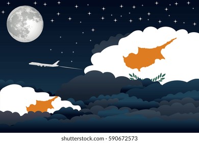 Illustration of Night Clouds, Night Clouds with Cyprus Flags, Aeroplane Flying