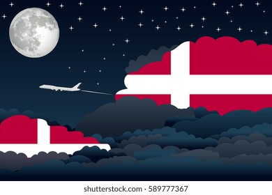 Illustration of Night Clouds, Night Clouds with Denmark Flags, Aeroplane Flying