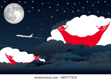 Illustration of Night Clouds, Night Clouds with Easter Island - Rapa Nui Flags, Aeroplane Flying