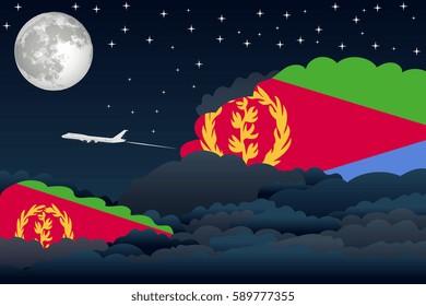 Illustration of Night Clouds, Night Clouds with Eritrea Flags, Aeroplane Flying