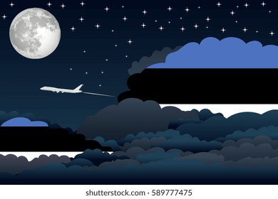 Illustration of Night Clouds, Night Clouds with Estonia Flags, Aeroplane Flying