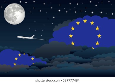 Illustration of Night Clouds, Night Clouds with European Union Flags, Aeroplane Flying