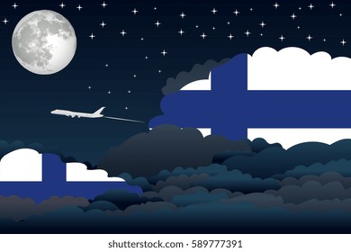 Illustration of Night Clouds, Night Clouds with Finland Flags, Aeroplane Flying