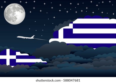 Illustration of Night Clouds, Night Clouds with Greece Flags, Aeroplane Flying