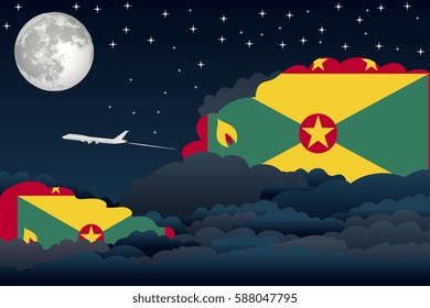 Illustration of Night Clouds, Night Clouds with Grenada Flags, Aeroplane Flying