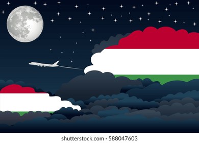 Illustration of Night Clouds, Night Clouds with Hungary Flags, Aeroplane Flying