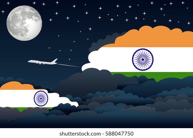 Illustration of Night Clouds, Night Clouds with India Flags, Aeroplane Flying