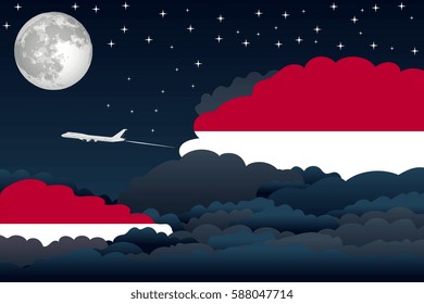 Illustration of Night Clouds, Night Clouds with Indonesia Flags, Aeroplane Flying
