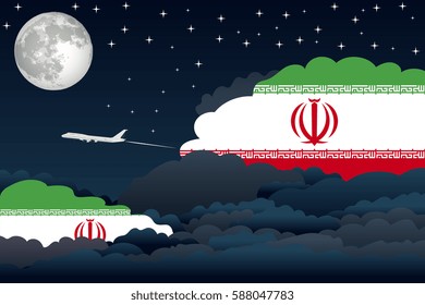 Illustration of Night Clouds, Night Clouds with Iran Flags, Aeroplane Flying