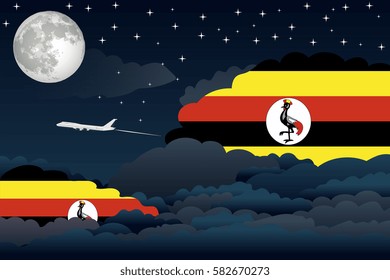 Illustration of Night Clouds, Night Clouds with Uganda Flags, Aeroplane Flying