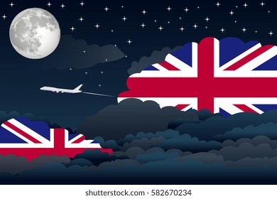 Illustration of Night Clouds, Night Clouds with United Kingdom Flags, Aeroplane Flying