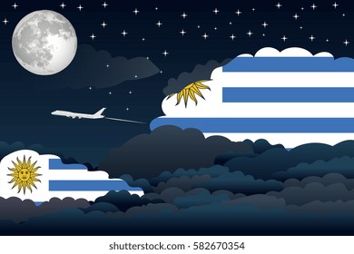 Illustration of Night Clouds, Night Clouds with Uruguay Flags, Aeroplane Flying