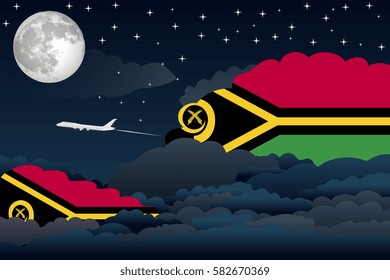 Illustration of Night Clouds, Night Clouds with Vanuatu Flags, Aeroplane Flying