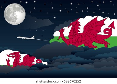 Illustration of Night Clouds, Night Clouds with Wales Flags, Aeroplane Flying