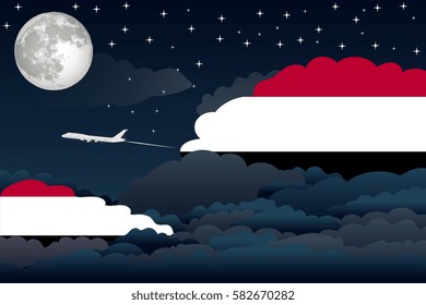 Illustration of Night Clouds, Night Clouds with Yemen Flags, Aeroplane Flying