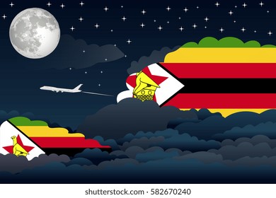 Illustration of Night Clouds, Night Clouds with Zimbabwe Flags, Aeroplane Flying