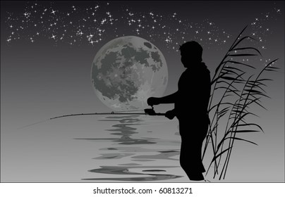 illustration with night fisherman silhouettes