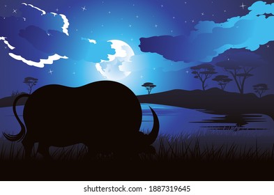 Illustration of night landscape and bull silhouette design.