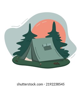 Illustration of night landscape in flat style with tent, forest and moon. Background for summer camp, nature tourism, camping or tourist design.