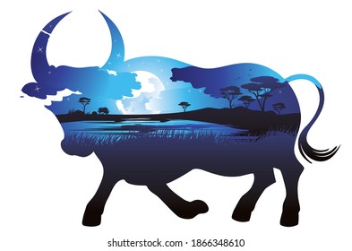 Illustration of night landscape inside of a bull silhouette design.