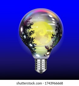 Illustration of a night landscape in a light bulb. The moon, its reflection in the water and the silhouettes of trees. Vector graphics divided into layers.