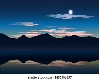 illustration of night landscape with mountain reflection on water and cloudy sky