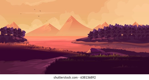 Illustration Of Night Landscape, Mountains, Sunset. Silhouette of a forest on the background of a mountain range.